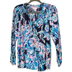Lilly Pulitzer Boho Floral Blouse S Blue Pink Gold Button Pullover Top